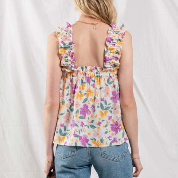 Flower Print Cinched Shoulder Top - Picture 2 of 4
